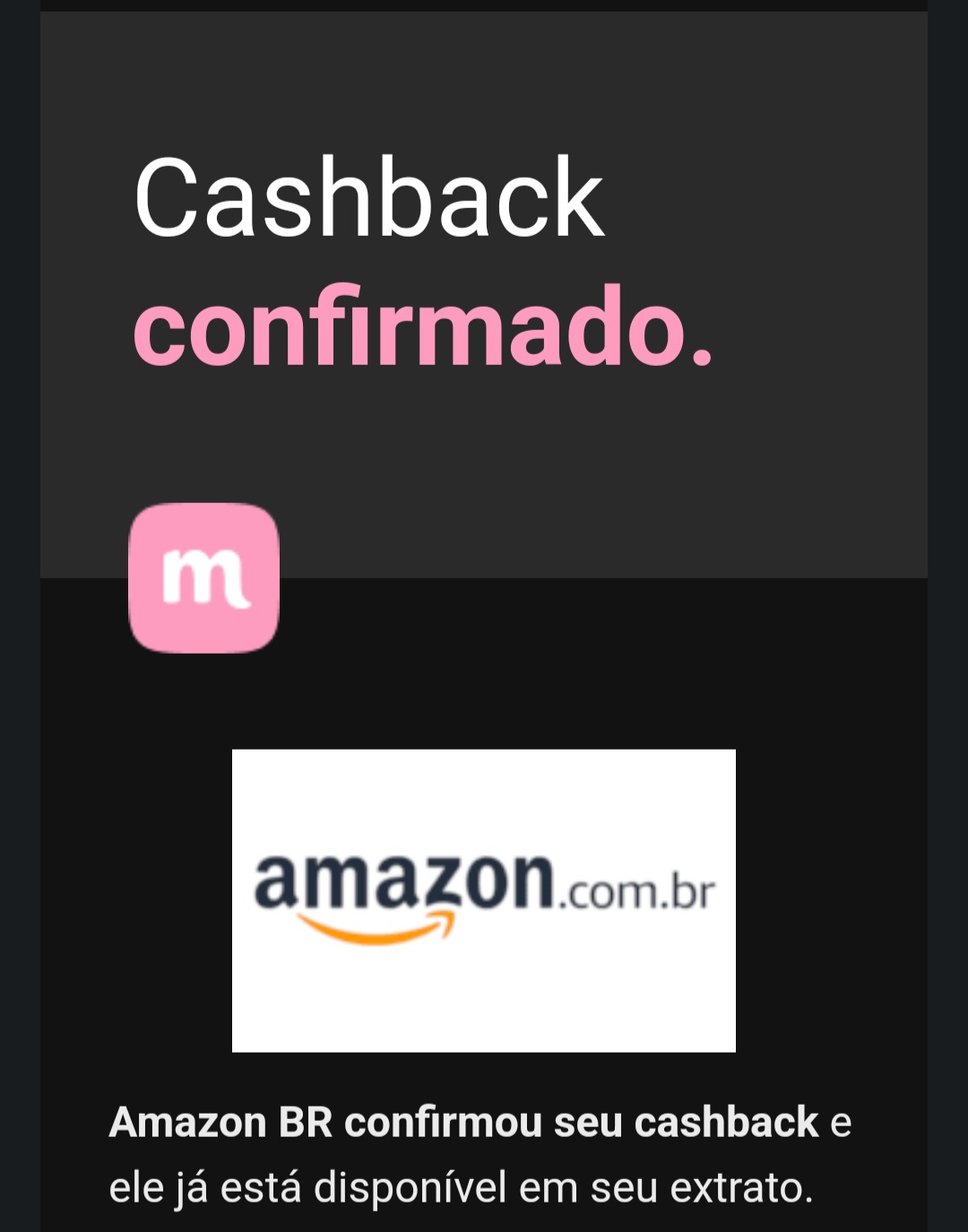 E-mail informando que CashBack foi confirmado